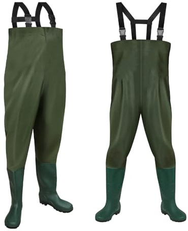 Ansobea Pantalon de pêche imperméable pour homme avec bottes, cuissardes en néoprène 70D en nylon pour la pêche, les fermes, les travaux de construction, vert, 42/43L