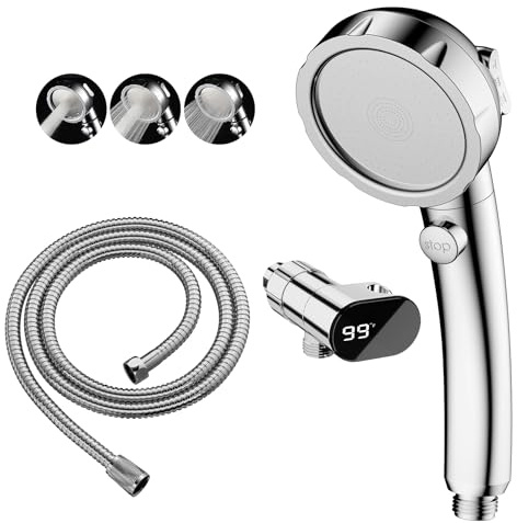 KAIYING High Pressure Shower Heads with Shower Thermometer, 3 Spray Hand Held Shower Head with On Off Switch, Detachable RV Shower with Hose and LED Temperature Display Bracket, Chrome