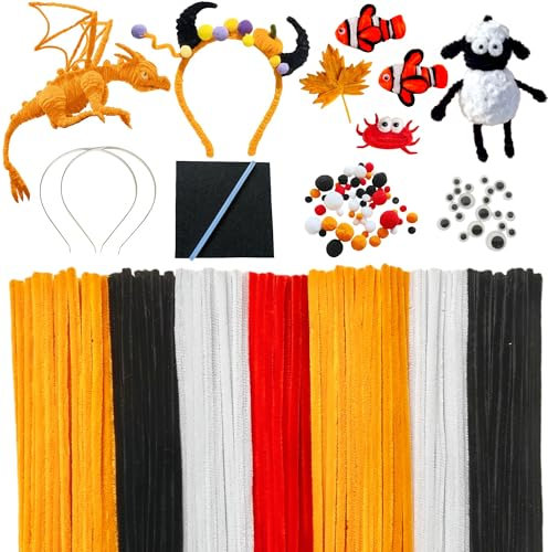 YYUENG TAK Halloween Pfeifenreiniger Set - 200 Stück Pfeifenreiniger Orange,Schwarz,Weiße,Rote mit DIY Zubehör wie Googly Augen und Haarspangen,für Halloween Dekoration,Partys,Spinnennetz，Haarspangen