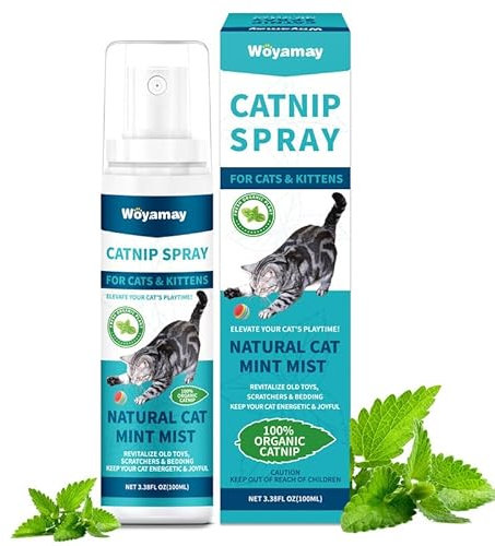 Woyamay Catnip Spray for Cats, Catnip Catmint for Cat and Kitten, Catnip Spray for Indoor Cats, Natural Catnip Mist Spray for Anxiety Relief, Calming, Revives Toys & Scratching Posts 100 ml (3.51 Oz)