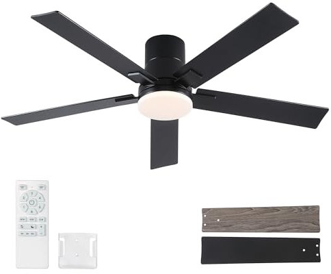 Rayqueen 52 Inch Ceiling Fans with Lights and Remote,Flush Mount Black Ceiling Fan,6 Speed Reversible DC Motor,3CCT Dimmable LED-Low Profile Design for Bedroom, Living room & Covered Outdoor