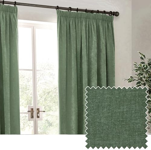 Yard Heavy Chenille Pencil Pleat Curtain Pair – Lined Room Darkening Soft Velvet Curtains (Eucalyptus – Width 229 x Drop 229cm)
