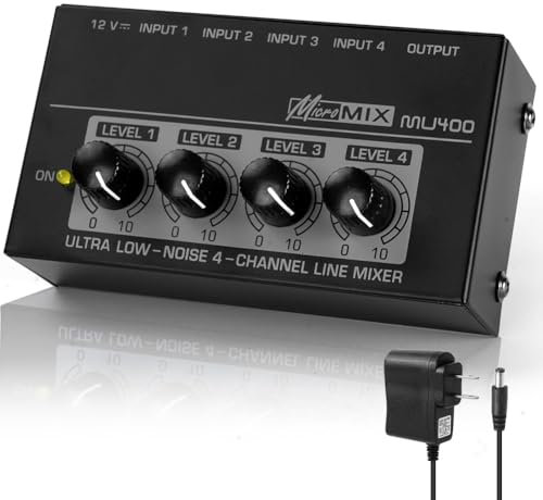 OFFCUP Mezclador de Audio, Mezclador de Línea de 4 Canales, Controles de Volumen Separados Consola de Audio para Bares Live Broadcast DJ Karaoke Instrumentos (Negro)