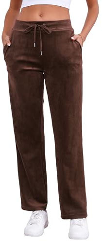Pescool Velour Pants for Women, Straight Leg Womens Velour Sweatpants, Velvet Wide Leg Lounge Pants for Women with Pockets, Brown, M
