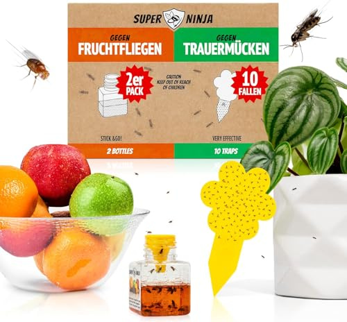 Trampas para Moscas de la Fruta y de Interior – Super Ninja, Pack de 2 Trampas con Cebo Líquido + 10 Atrapa Insectos para Plantas, Sin Tóxicos, Seguras para Niños y Mascotas, Protección hasta 3 Meses