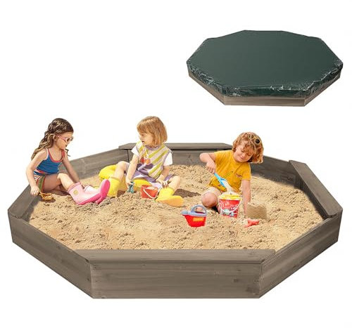Wooden Octagonal Sandbox with Cover, Outdoor Sandpit with 4 Bench Seats, Sand Box for Children, Beach for Backyard, Patio, Garden (Coffee)