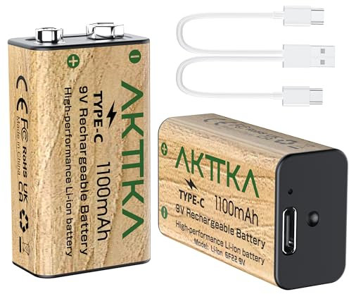 AKTTKA 2 Batterie Ricaricabili 9V USB-C 1100mAh, 6F22 ad Alte Prestazioni, Carica Rapida, Ideali per Rilevatori di Fumo, Microfoni Wireless e Piccole Illuminazioni a LED