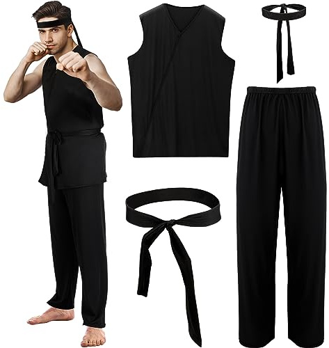 Xtinmee 4 Pcs Karate Costume for Men Halloween Costume Adult Black Karate Gi Dress up Uniform with Headband Cosplay Outfit(L)