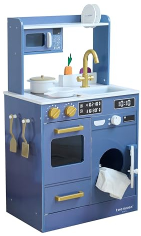 Teamson Kids Wooden Play Kitchen Little Chef with Mini Garden and Washing Machine Blue