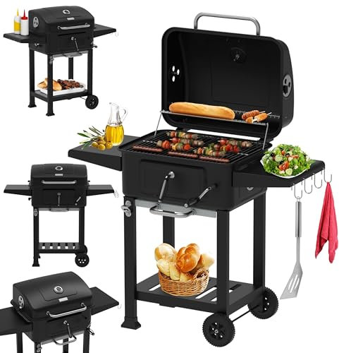 Barbacoa de carbón vegetal XXL con tapa, gran superficie de barbacoa, carro de barbacoa, altura ajustable, bandeja de carbón, termómetro, bandeja de cenizas, sistema de ventilación para jardín