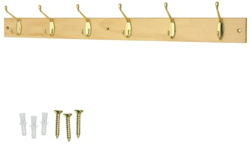 keypak Coat Rack Wall Mounted Polished Brass 6 Double Hooks - Solid Pine Rack - 69cm - Clothes Hanger for Hallway, Bedroom, Bathroom