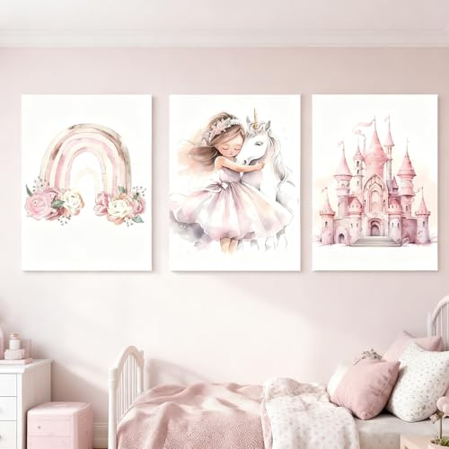 Zamety Bilder barnrum flicka, 3-delad affisch barnrum, A4 rosa prinsessa, enhörningslott och regnbåge, bilder, babyrum, utan ram