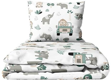 Baby Comfort 2-teiliges Bettwäsche-Set für Kleinkinder, 150 x 120 cm, 100% Baumwolle, atmungsaktiver Stoff, maschinenwaschbar, Gesteppte Bettwäsche für Juniorbett ab 12 Monaten (Safari-Autos)
