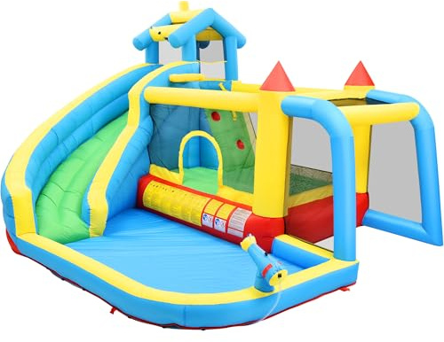 NuvlaGu Castello gonfiabile per bambini, 5 in 1, con ventilatore, parco acquatico gonfiabile con scivolo, superficie di salto, piscina e rete da calcio, per esterni, in tessuto Oxford