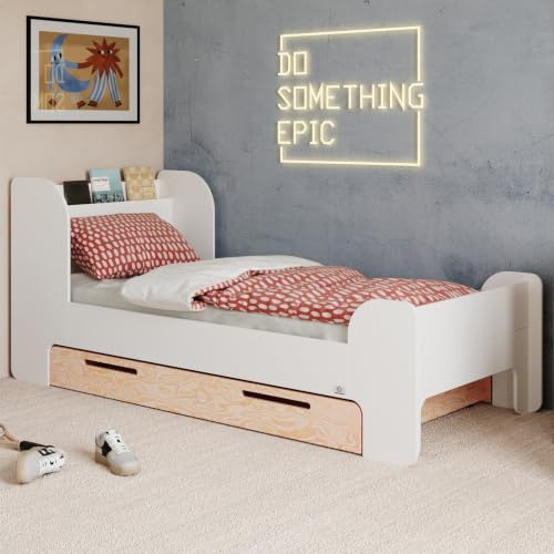 smartwood Barnsäng 90x190 cm med Låda, i Trä, Vit, Flou D | inkl. Låda, Sänggavel med Hylla, Ribbotten upp till 230 kg, i FSC Furuträ, Juniorsäng för Flickor & Pojkar från 3 år