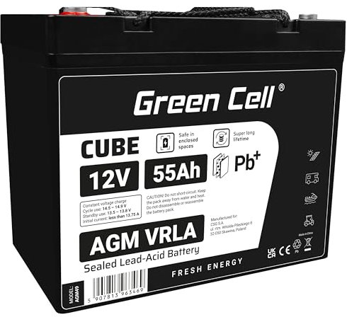 GreenCell® Rechargeable Batterie AGM 12V 55Ah accumulateur au Gel Plomb Cycles sans Entretien VRLA Battery étanche | Photovoltaïque | Caravane Energie Solaire Batterie Voiture | Fauteuil Roulant