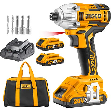 Atornillador de Impacto sin escobillas INGCO 20V Taladro Atornillador Batería 180 Nm con 2 Baterías de 2Ah 1 Cargador Rápido Luz LED de trabajo CIRLI2002