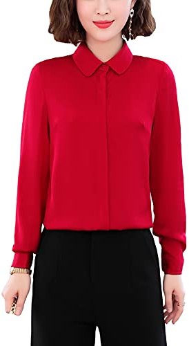 DISSA Chemise Soie Patte Boutonnage Cachée Col Revers Long Top | Patte de boutonnage cachée, col revers classique, manches longues, poignets boutonnés, ourlet droit, tissu soie, tenue bureau