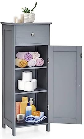 COSTWAY Badezimmerschrank schmal, freistehender Badschrank mit Schublade & verstellbaren Regale, Badkommode Beistellschrank aus Holz für Schlafzimmer Wohnzimmer, 35 x 30 x 88cm (Grau)