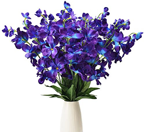 HUIANER 12Pcs Artificial Orchid Flowers Fake Silk Turquoise Orchids Flowers Faux Long Stem for Wedding Bridal Bouquet Wreath Table Centerpiece Outdoor Decor (Purple Blue)