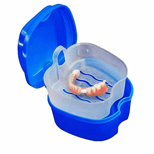 Contenedor de remojo de prótesis dentales, estuche de limpieza de retenedor de ortodoncia, contenedor limpiador de dentaduras postizas con colador y tapa, impermeable para el hogar y viajes (azul