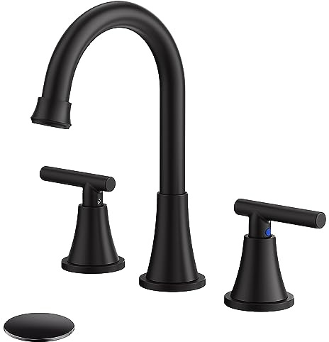 Bathroom Faucets for Sink 3 Hole, Hurran Matte Black Bathroom Sink Faucet with Pop-up Drain and Supply Lines, Stainless Steel Lead-Free Widespread Faucet for Vanity RV Farmhouse Sink