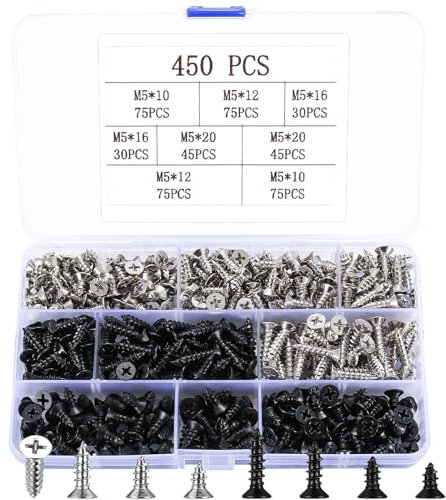 Holzschrauben, 450 Stück selbstschneidende Schrauben Set, Senkkopfschraube, Flachkopfschrauben, selbstbohrende Schrauben, kreuzschlitzschrauben Sortiment Set für Holz - M5x(10/12/16/20mm)