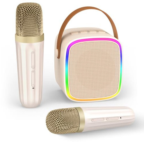 Texpot Karaoke Machine 2 Microphones, Kids Microphone Portable Wireless Bluetooth Speaker for Kids Adults Toddler, Christmas Kids Toys for 4 5 6 7 8 9 10 12 Year Old Birthday Gift Ideas (Beige)