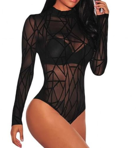 BKEPDY Damen Body Langarm Bodysuit Rollkragen Jumpsuit Sexy Sheer Mesh Langarm Bodysuit Bluse Tops Elegant Schmal Bodysuits Shapewear Overall Pullover Unterzieh Body Tops Freizeit Bodysuit(XL)