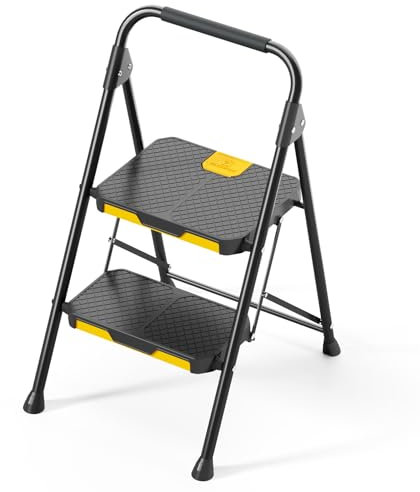 KINGRACK Escalera Plegable de 2 Peldaños con Bloqueo de Seguridad, Escalera de Tijera Doméstica Carga hasta 360kg con Pedal Ancho Antideslizante, Pasamanos, Taburete de Acero, para Hogar Cocina, Negro