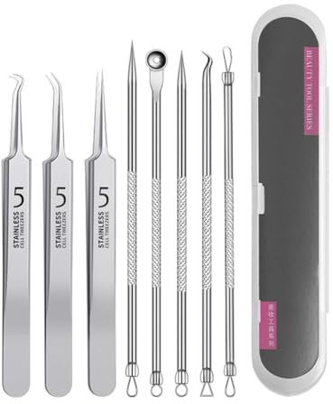 Fecong Tweezers, Stainless Steel Blackhead Removal Kit, Mitesserentferner Komedonenquetscher Set, Hochwertiger Blackhead Remover aus Edelstahl von Mitessern und Pickeln im Gesicht (8Stk)
