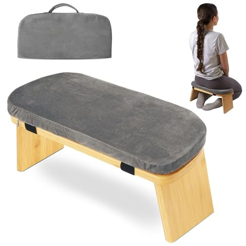 Bamboo Folding Meditation Bench with Velvet Cushion & Carry Bag Portable Kneeling Stool Comfortable Prayer Bench for Mindfulness, Zen Practice