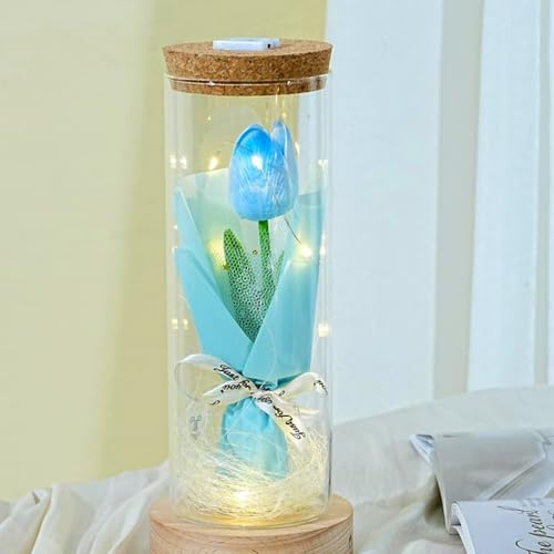 LIIGOU Tulipanes artificiales artificiales en jarrón, flores de tulipanes de tacto real único en cristal, día de la madre, regalos románticos para mujeres en su cumpleaños, aniversario, día del