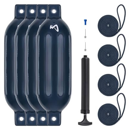 Mesle Fender Boot Dura 4er Set mit Leine & Pumpe, ø 14 cm | 51 cm lang, Langfender aufblasbar, Bootsfender, Fender Schiff Yacht Schlauchboot