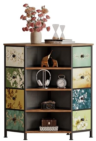 LUMTOK Eckkommode mit 8 Schubladen, Stoffschubladen und offenen Regalen für kleine Räume, Schlafzimmer, Eingangsbereich, Wohnzimmer (Retro-Muster)