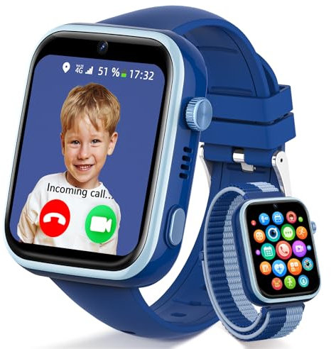 4G Smartwatch Kinder mit Videoanruf und Telefon, IP68 Wasserdicht Kinderuhr Voice Chat, WhatsApp, WiFi, GPS, SOS, SMS, Schulmodus, Schrittzähler, Schlafen Wecker Kinderuhr für Mädchen und Jungen, Blau