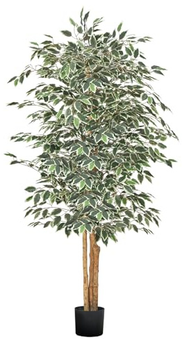 VEVOR 6FT Artificial Ficus Tree with Black Pot, Tall Faux Ficus Plant with Natural Wood Trunk and Realistic Green Leaves, Indoor Fake Silk Tree for Home, Office, Living Room, or Corner Décor