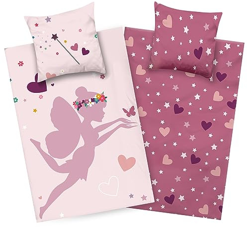 Aminata kids Biancheria da letto in flanella, 135 x 200 cm, motivo fata, in cotone, con chiusura lampo, calda e morbida, in flanella, biancheria da letto double-face