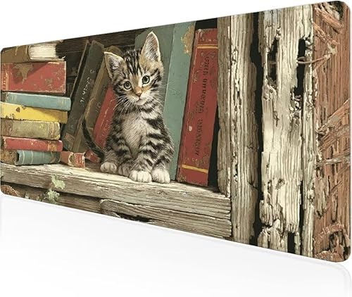 Musmatta bok spelmusmatta kattunge stor skrivbordsmatta 600 x 400 x 3 mm, arbete från hem nödvändigheter halkfri gummibas specialtexturerad vattentålig yta slitstark för kontor PC, bärbar dator Y1-162