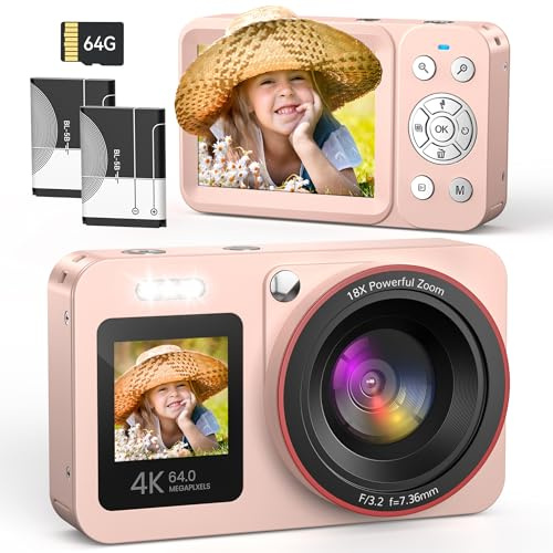 Appareil Photo Numérique 4K 64MP Digital Camera 18X Zoom Numérique Appareil Photo Compact Portable avec 2 Écran, 2 Batteries Carte SD de 64 GB pour Étudiant Débutant Cadeau, Rose