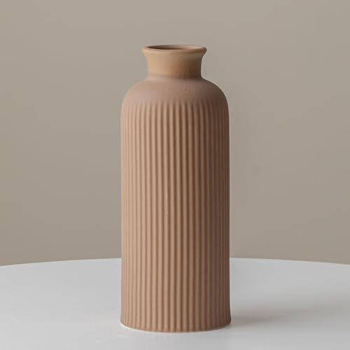Jarrón de cerámica con superficie acanalada, jarrón de flores para decoración de hierba de las Pampas, café, 25,4 cm de altura, 10 cm de ancho, moderno para salón, mesa de comedor, oficina (café)