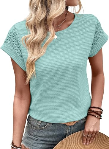 Dokotoo Womens Tops Waffle Knit Lace Hollow Out Short Sleeve T Shirts Crew Neck Spring Summer Outfits Fashion Clothing Casual Loose Soft Pullover Basic T-Shirts Cute Tee Blouse Iceland Blue Small