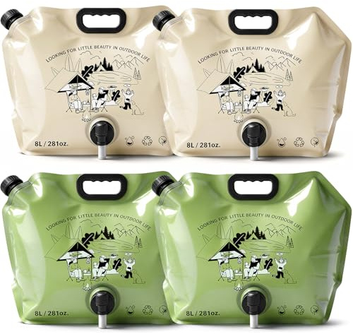 YOMAIS 8L Foldable Water Canister with Tap, 4PCS, Foldable Water Bottle BPA-Free Water Bag for Camping, Hiking, and Water Storage at Home (Green+Khaki)