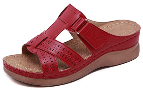 SMajong Sandales Femme été Mode Mules Femmes Compensées Chaussons Confortable Bout Ouvert Plateforme Pantoufles Chaussures de Plage Rouge Taille:37 EU