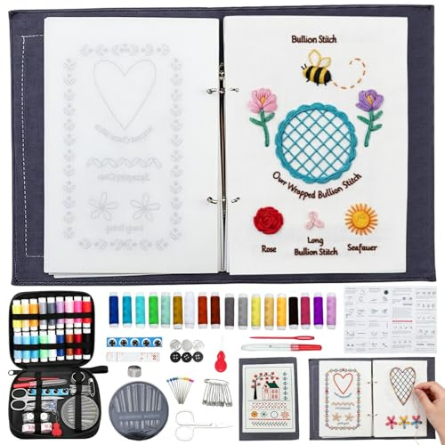 Garqitwan Stickbuch Embroidery Stitch Book, Stickset für Anfänger, Sticken Set mit Nähwerkzeugen und Herausnehmbaren Seiten Stickbuch, Tragbar Embroidery Kit für Erwachsene und Bastelbegeisterte