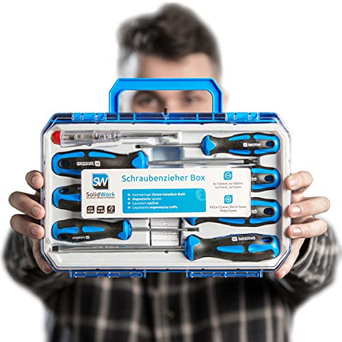 SolidWork juego destornilladores profesionales de 8 piezas en una robusta caja de herramientas - Destornilladores magnéticos de cromo vanadio de que incluye comprobador de tensión