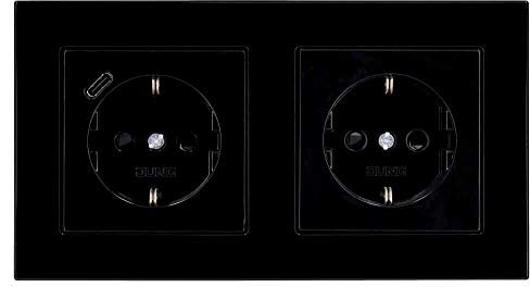 Jung SCHUKO USB-Steckdose Typ C (max. 3A) Komplett-Set Serie A: 1x USB-Steckdose A152018CSW und 1x Steckdose A1520KISW und 2-fach Rahmen A5582BFSW Schwarz