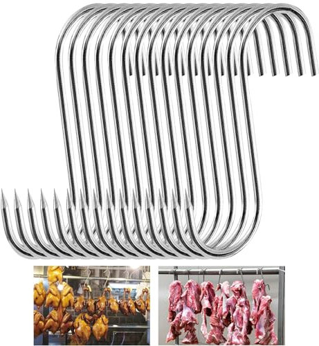 S Hooks, Butcher Hooks, Stainless Steel, 15 Pieces (3 cm x 15 cm) High-Quality Smoker Hooks, Butcher Hooks with Pointed End, Meat Hooks for Kitchen, BBQ Baking Meat