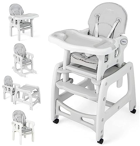 COSTWAY 5 en 1 Tronas de Bebe, Trona Portatil con 2 Bandeja Extraíble de 4 Posiciones, Cojín, Respaldo de 3 Niveles, Silla de Comer, Trona Evolutiva para 6-72 Meses