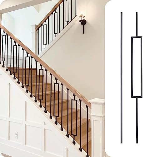 12Pack Wrought Iron Balusters 44 Inches Deck Balusters Combine 1/2 Square Plain Bar Balusters with Single Rectangle Metal Balusters Hollow Satin Black, GRMIKBU GB04